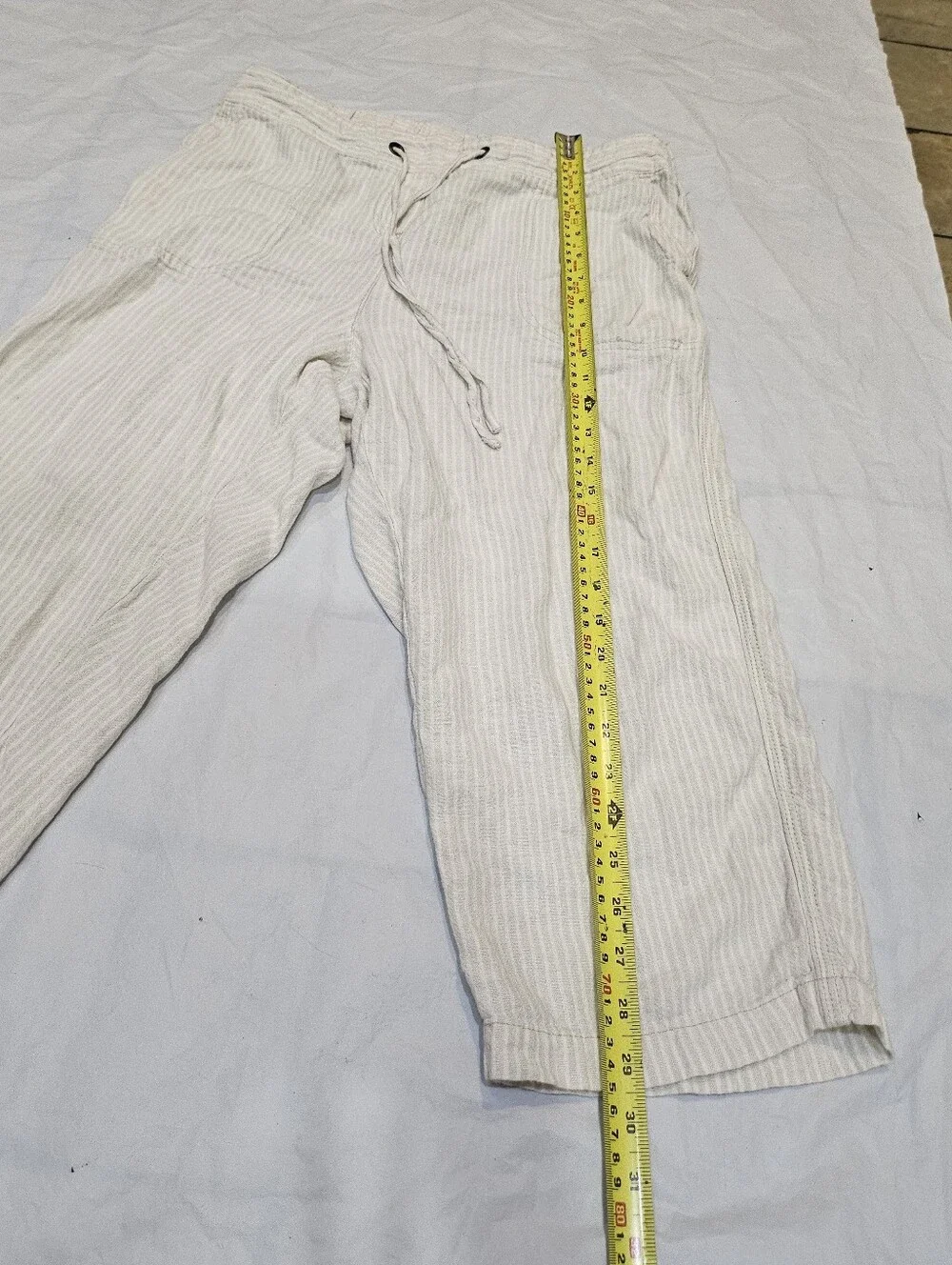 Per Se Striped Linen Capri Pants M Wide Leg Drawstring Elastic